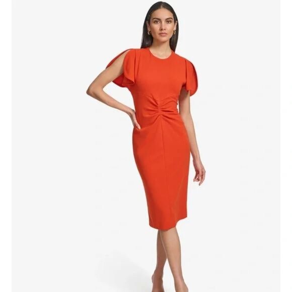 Calvin Klein Scuba Crepe Split Sleeve Sheath Dress in Clay(Red) Size 12 EUC - Picture 1 of 14